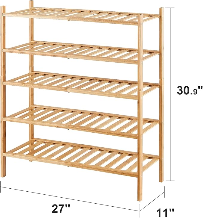 viewcare 5-Tier Bamboo Shoe Rack for Entryway, Stackable | Foldable | Natural, Shoe Organizer for Hallway Closet, Standing Shoe Racks for Indoor Outdoor