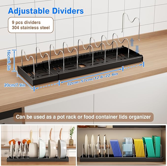 Mustorn Pots and Pans Organizer Under Cabinet, 22" Expandable Food Storage Container Lid Organizers with 9 Adjustable Dividers Pot and Pan Lid Holders Rack Inside Cabinet/Countertop(1 Pack, Black)