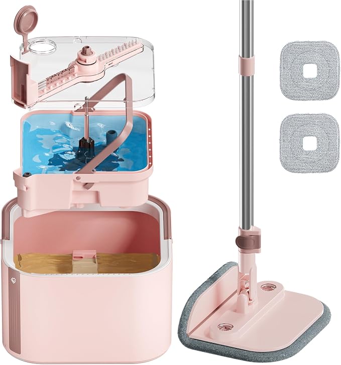 Square Spin Mop and Bucket Set with Self Separation Dirty and Clean Water System,Self Wringing 360° Rotating Mops Head for Home Floors Cleaning