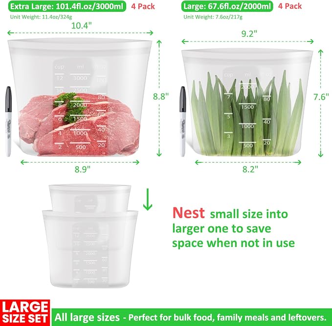Premium Silicone Reusable Storage Bags, Large-Size Set, 8 Pack, 100% Platinum Silicone Food Storage Bag Stand-Up Wide-Mouth Zip-Lock, Microwave Dishwasher Freezer Safe, 4 XL + 4 L, Crystal-Clear