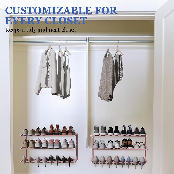Wall Mounted Shoe Rack, 3 Tier Hanging Shoe Rack Holds 12 Pairs, 17"-30" Adjustable Heavy Duty Metal Shoe Organizer Holder with 2 Storage Hooks, Space Saving for Closet Entryway Doorway（Pink