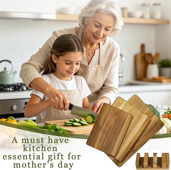 Teak Wood Cutting Boards for Kitchen (Set of 3), No Juice Groove Chopping Board Charcuterie Cheese Board with Storage Stand