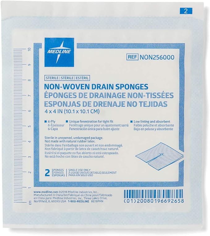 Medline Nonwoven Drain Sponges, Sterile, 6-Ply Gauze, 4" x 4", 2 Count (Pack of 300)