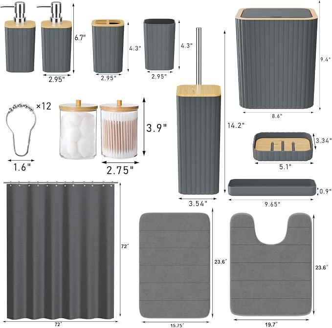 XLHOMO Bathroom Accessories Set - 25PC Grey Bathroom Set, Bathroom Set with Shower Curtain and Rugs, Grey Shower Curtain Set, Toilet Brush, Bathroom Trash Can