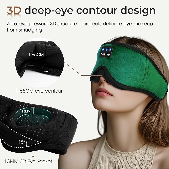 Sleep mask Headphones,100% Blackout 3D Zero Eye Pressure Bluetooth Sleep mask Breathable Eye mask with Bluetooth Headphones Sleep Headphones for Side Sleepers, 14H Playtime&Bluetooth 5.4 Green
