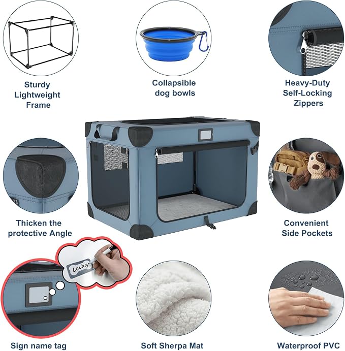 42 Inch Foldable Dog Travel Crate Blue with Sturdy Metal Frame | Chew-Proof Mesh Window,Soft Blanket and Foldable Bowl,Waterproof and Easy to Clean,Portable for Camping,Signature card