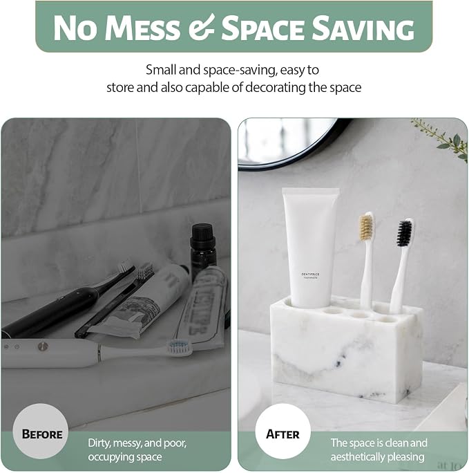 BCS Toothbrush Holder for Bathrooms, 6 Slots Open-Bottom Marble Toothbrush Organizer, Makeup Brush Stand Toothbrush Storage Collection for Bathroom Countertop Vanity Organization - Grigio Fantasy