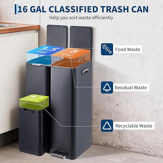 16 Gal Recycle Bins for Kitchen, Triple Compartment Garbage Can with Lid, Stainless Steel Trash and Recycling Bin Combo with Inner Bucket & Foldable Foot Pedal for Home Office, Black