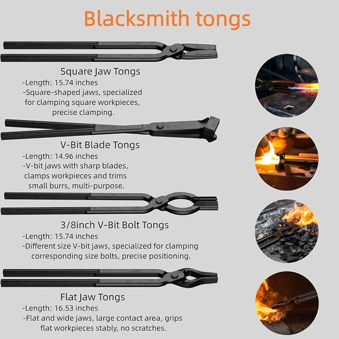 4PCS Blacksmith Tongs Set - 3/8" V-Bit, V-Bit Blade, Flat Jaw & Square Jaw, High Carbon Steel Assembled Forging Tools for Knife Making
