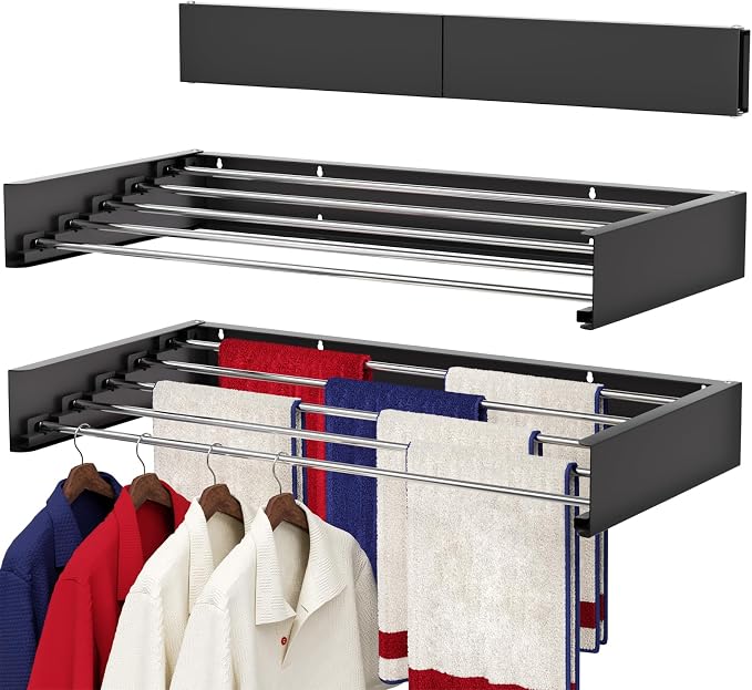 Wall Mounted Drying Rack 31.5", Foldable Laundry Drying Rack with Stainless Steel Rods, Retractable Laundry Space Saver for Indoor & Outdoor Use, Include Wall Template