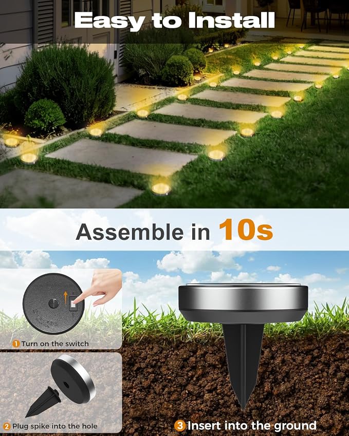 btfarm 12 Pack Solar Lights Outdoor, 8 LED Solar Ground Lights IP65 Waterproof Flat Solar Disc Light, Pathway Lights for Garden Lawn Patio Yard Path Landscape, Warm White