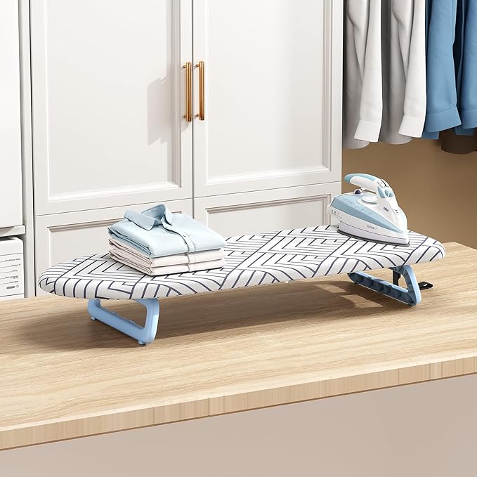 Foldable small ironing board tabletop, Mini iron board small, Table top mini ironing boards small with cover and pad, Folding compact portable iron and ironing boards set for travel, 12*32 Snow White