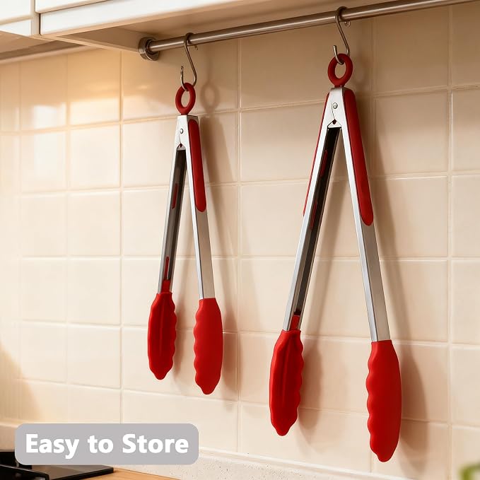 Kitchen Silicone Tongs for Cooking with Non-Slip Silicone Tips, 600°F Heat Resistant Cooking Food Tong Set Heavy Duty Stainless Steel Handle for Baking Grilling BBQ Serving, 2 Pack (9" & 12")