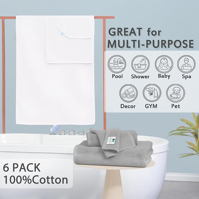VOOVA & MOVAS 6PC Towel Set, 100% Cotton, Grey White | 2 Large Bath Towels 30x56 In, 2 Hand Towels 18x28 In, 2 Washcloths 13x13 In, Soft, Quick Dry, Bathroom Essentials