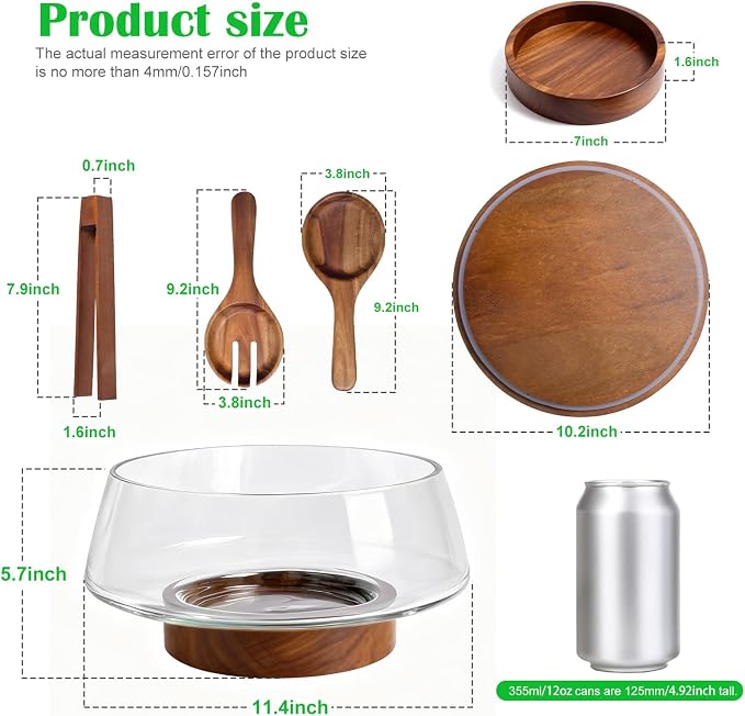 Extra Large Glass Salad Bowl with Lid Set, 5-Qt (160 fl oz) Mixing/Serving Bowl with Wood Base & Salad Servers, Trifle Bowl for Kitchen, Parties & Christmas