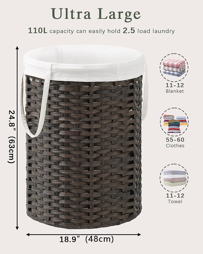SETVSON Laundry Basket Round Rattan Laundry Hamper 29.1 Gal(110 L) Handwoven Large Wicker Basket with Handles, Wicker Hamper with Removable Bags and 2 Mesh Bags for Bathroom Living Room Brown(No Lid)