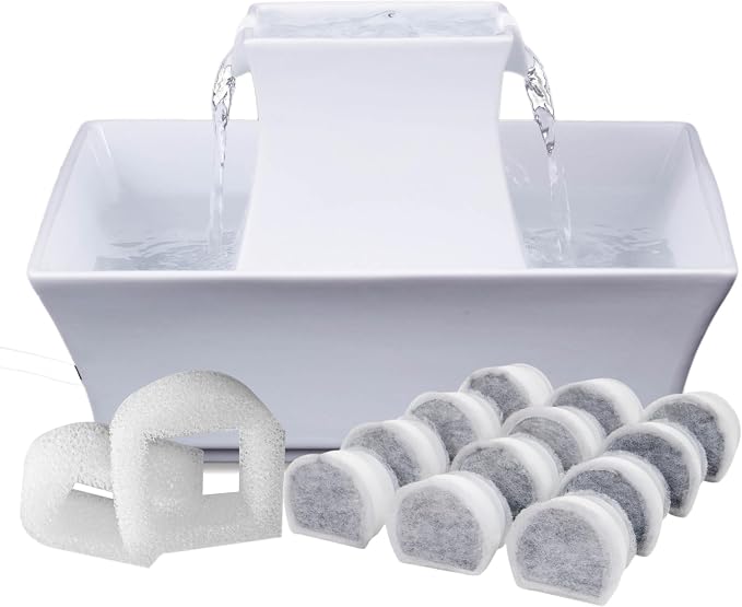 PetSafe Drinkwell Pagoda Fountain, 70 oz Ceramic, 12-Pk Filters Included | 2 Free-Falling Water Streams Encourage Hydration, Pet Water Fountain for Cats & Dogs, Includes 12 Carbon + 2 Foam Filters