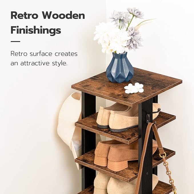 HOOBRO 8 Tiers Vertical Shoe Rack, Wooden Shoe Storage Organizer with Hooks, Narrow Shoe Tower for 8 Pairs, Space Saving, for Entryway, Living Room, Bedroom, Rustic Brown BF07XJ01G1