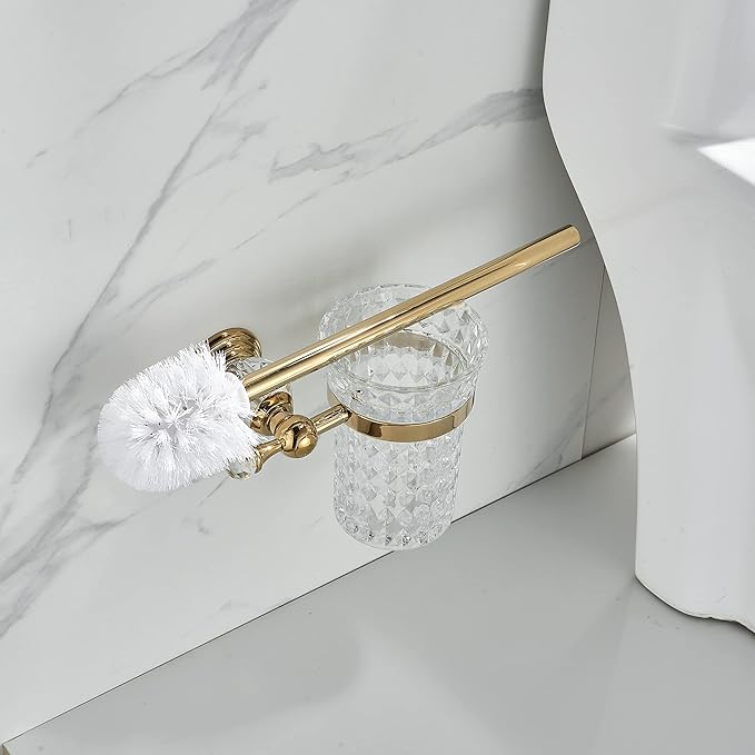 WOLIBEER Crystal Toilet Brush Holder, Polished Gold Brush Handle with Replaceable Brush Head, Stainless Steel Bathroom Cleaning Set Wall Mounted