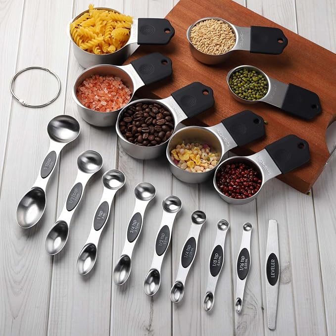 Magnetic Measuring Cups and Spoons Set Including 7 Stainless Steel Stackable Measuring Cup 8 Double Sided Magnetic Measuring Spoons with 1 Leveler for Dry and Liquid Ingredients (black)