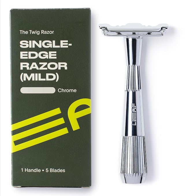 Leaf Twig Razor by Leaf Shave, All-Metal Single Blade Razor for Men & Women, Fixed Head w/Magnetic Load Assist, Includes 5 Stainless Steel Blades - Face Shaving, Lighter Hair, Sensitive Skin - Chrome