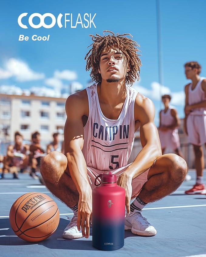 Coolflask 128 oz Gallon Water Bottle Insulated with Straw&3 Lids, Water Jug Large Stainless Steel Metal Vacuum Wide Mouth for Sports, Gym or Office, Non-BPA Keep Cold 48H Hot 24H, Ombre Wine/Navy