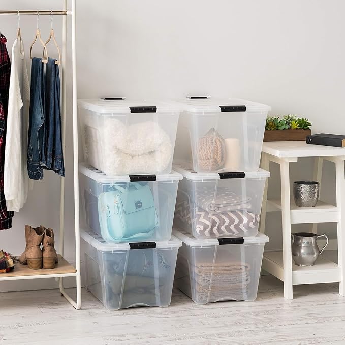 IRIS USA 54 Qt Stackable Plastic Storage Bins with Lids, 12 Pack - BPA-Free, Made in USA - See-Through Organizing Solution, Latches, Durable Nestable Containers, Secure Pull Handle - Clear