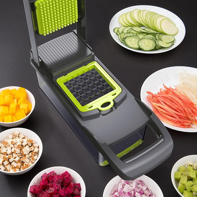 Vegetable Cutter Peeler Chopper Grater, Stainless Steel Kitchen Tool with Anti - Slip Handle and Blade Container for Potato Carrot Onion, 12 - Piece Set for Home (Grey Green)