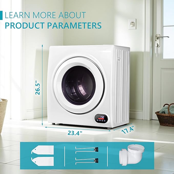 Euhomy Compact Laundry Dryer, 3.5 cu ft Front Load Stainless Steel Clothes Dryers With Exhaust Pipe, 1500W, LCD Control Panel Four-Function Portable Dryer For Apartments, Home, Dorm, White