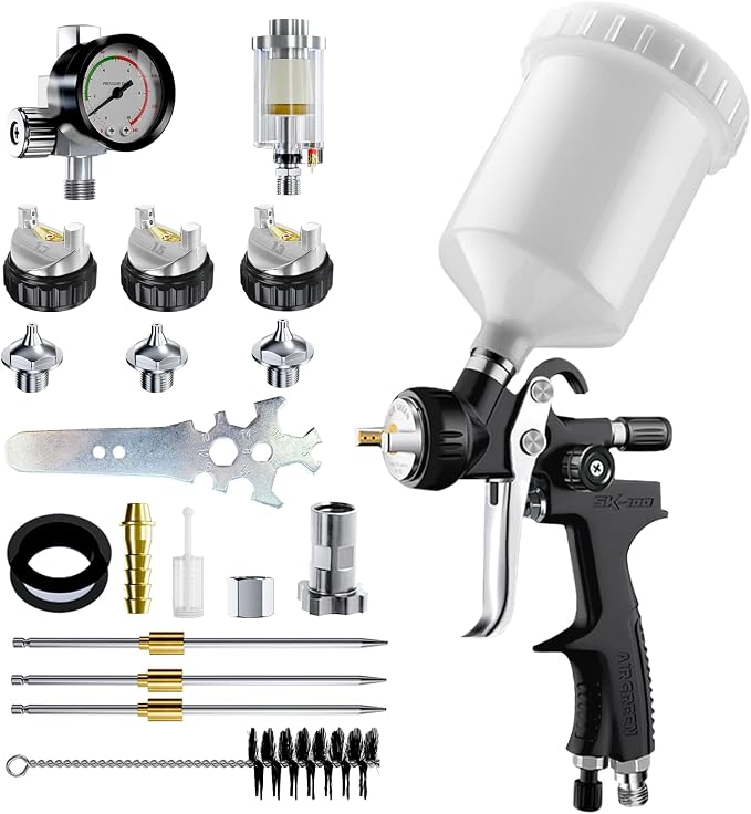 [Upgraded Version] HVLP Air Spray Gun Premium Kit with 1.3/1.5/1.7mm Nozzles, Air Spray Paint Gun with 600cc Capacity Cup & Air Regulator Paint Gun Sprayer for House Painting, Car, Furniture, Fenc