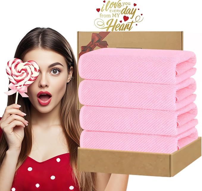 VOOVA & MOVAS Bath Towels 4PC, 100% Cotton, 30x56 in, Baby Pink | Quick Dry, Thick, Soft, Absorbent, Decorative Bath Towels, Towel Gift Set, Suitable For Home Decor, Spa, Holiday Gift