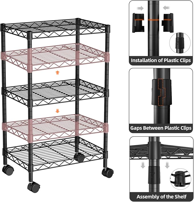 Golpart Small 3 Tier Shelves Storage Wire Shelving Unit Metal Shelf Adjustable Organizers Storage Shelving with Wheels for Bathroom Laundry Room Kitchen Pantry11.7”D x 17.7”W x 30.7”H Black