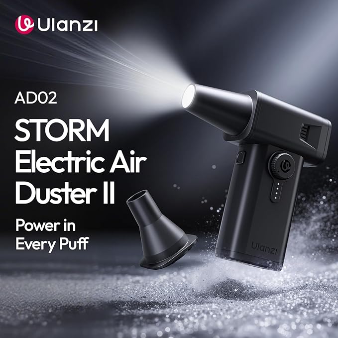 ULANZI AD02 Storm Electric Air Duster V2, 130,000 RPM Compressed Air Duster, 12.5W Fast Charge, Variable Speed, with 200-Mesh Filter & LED Light, Portable Mini Dust Blower for Camer Cleaning