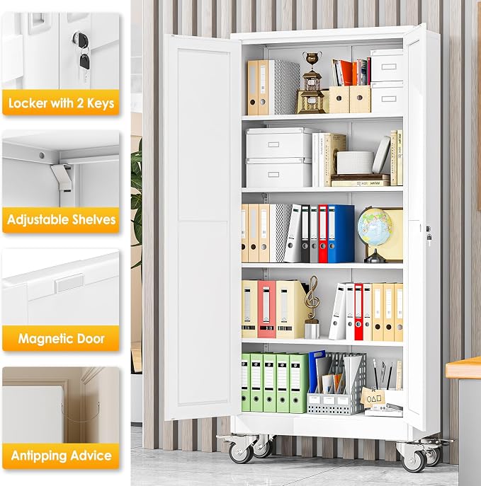 PAOFIN 71''H Tall Metal Garage Storage Cabinet with Wheels,Steel File Cabinets with 2 Doors and 4 Adjustable Shelves for Home Office, Warehouse, Required Assembly,White