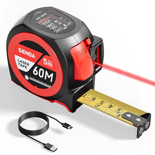 SENDA 3-in-1 Laser Tape Measure - 197Ft Rechargeable Laser Measuring Tape with Led Display & 16Ft Measuring Tool with Magnetic Hook & Auto Lock -20 Data Sets,Pythagorean/Area/Volume,Ft/Ft+in/in/M Unit
