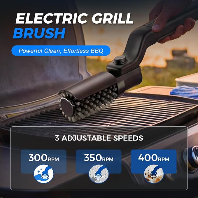 Cordless Electric Grill Brush, 2026 New Upgraded 3-Speed Rechargeable BBQ Cleaner with Stainless Steel Bristles, Non-Scratch Safe for Gas, Porcelain & Cast Iron Grills, Heavy Duty Grill Cleaning Tool