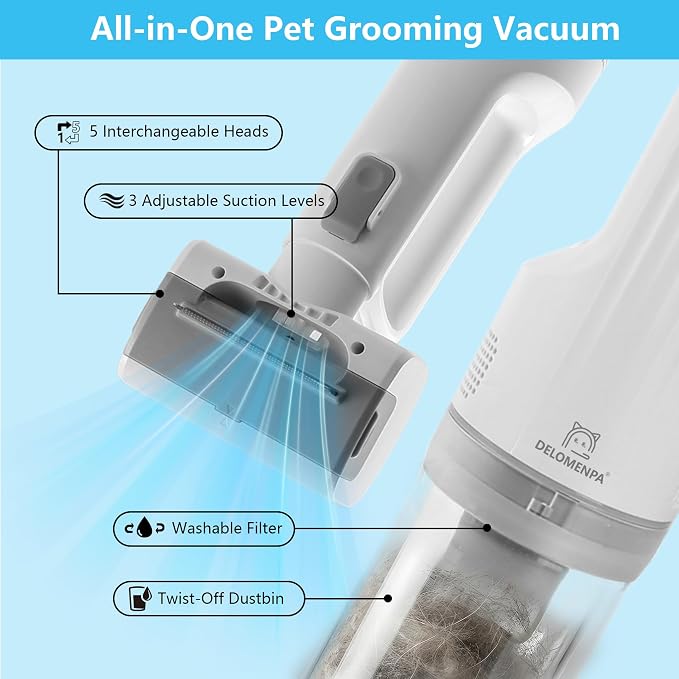 Deshedding Brush with Vacuum Suction, 5-in-1 Pet Hair Removal Tool for Dogs Cats, Cordless Undercoat Rake Removes Loose Hair, 9Kpa Pet Vacuum Cleaner for Furniture Carpet