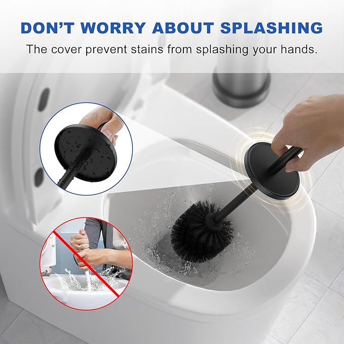 2 PCS Black 304 Stainless Steel Toilet Brush and Holder Set, Long Handle Deep Cleaning Toilet Scrubber with Splash Protection, Weighted Base & Non-Scratch Sponge, Minimalist Bathroom Accessory