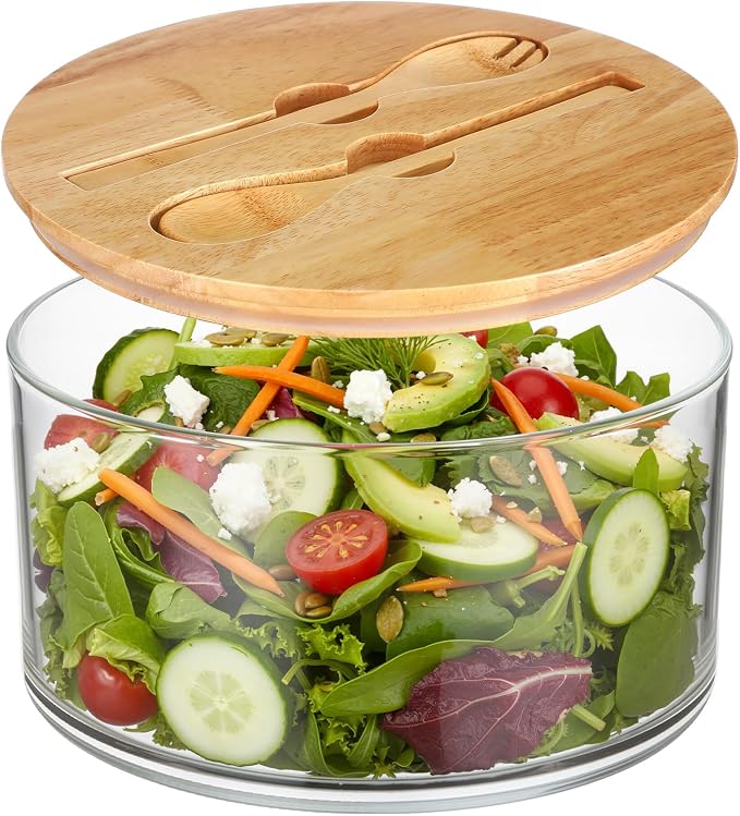 215oz Extra Large Glass Trifle Bowl with Sealing Lid 10 Inch Large Salad Bowl with Wood Serving Utensils Versatile Mixing and Serving Container for Laying Ice Cream Cake Fruit Dessert