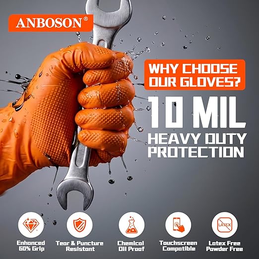 ANBOSON 10mil Nitrile-Gloves Disposable-Orange Chemical-Resistant Rubber - Mechanic Gloves Heavy Duty, Latex Free, Diamond Grip (100, Medium) | Diamond Grip,Latex Free,Chemical Resistant Disposable Thick Rubber Gloves for Auto Repair, Industrial, Food,...
