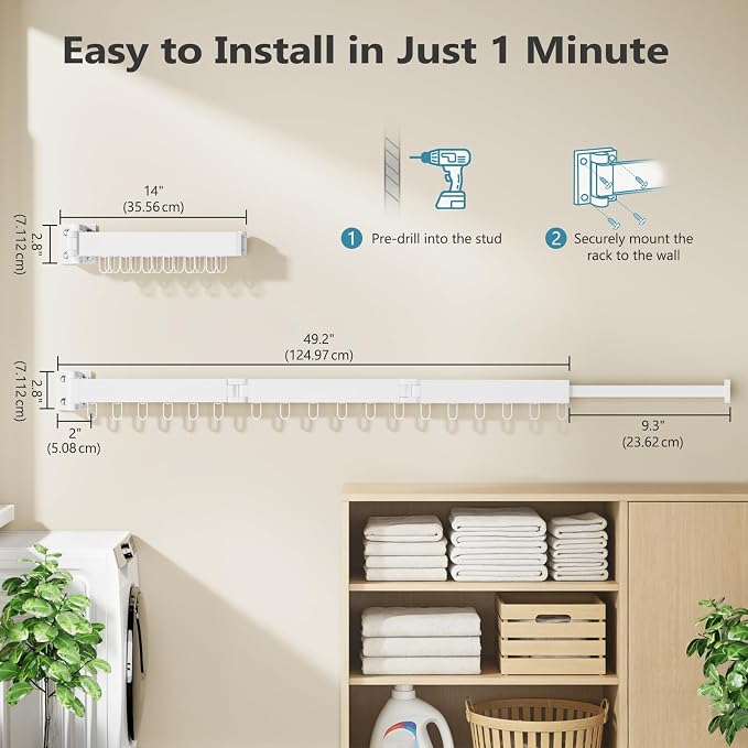 Clothes Drying Rack Wall Mounted, Space-Saving Drying Rack Clothing, Collapsible Foldable Retractable Laundry Rack with 18 Hooks, Indoor/Outdoor, White