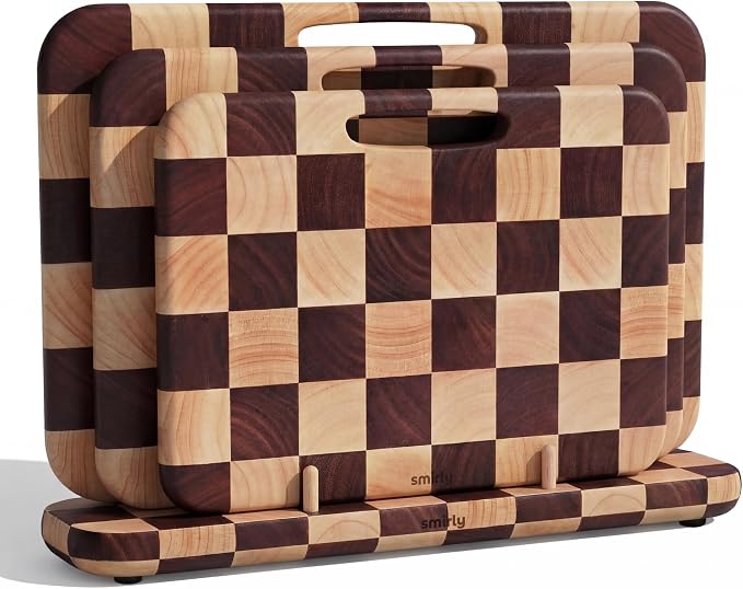 SMIRLY Cutting Board Set - 3 Piece Rubberwood Cutting Boards with Stand | Double-Sided Wood Cutting Board, Checkered Cutting Boards Non Toxic for Meat Vegetable Fruit, Food-Grade