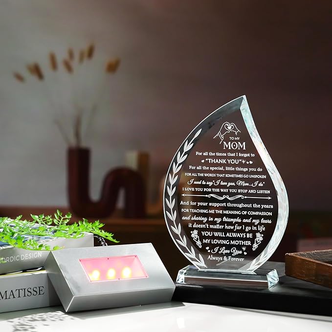 Birthday Gifts for Mom from Daughter Son Glass Plaque, To My Mom who has Everything Unique Gifts with Colorful Led Base, Present for Mom on Thanksgiving Christmas Mothers Day