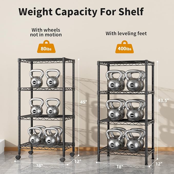 Golpart Small 4 Tier Shelves Storage Wire Shelving Unit Metal Shelf Adjustable Organizers Storage Shelving with Wheels for Bathroom Laundry Room Kitchen Pantry11.7”D x 17.7”W x 44.8”H Black