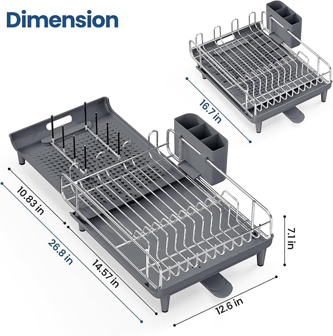 NTD Expandable Dish Drying Rack for Kitchen Counter, 16.7"-26.8", Gray | Large Multifunctional Dish Drainers, Anti-Rust, with Cutlery & Cup Holders, Self-Draining Drainboard, FIts for 4-5 People