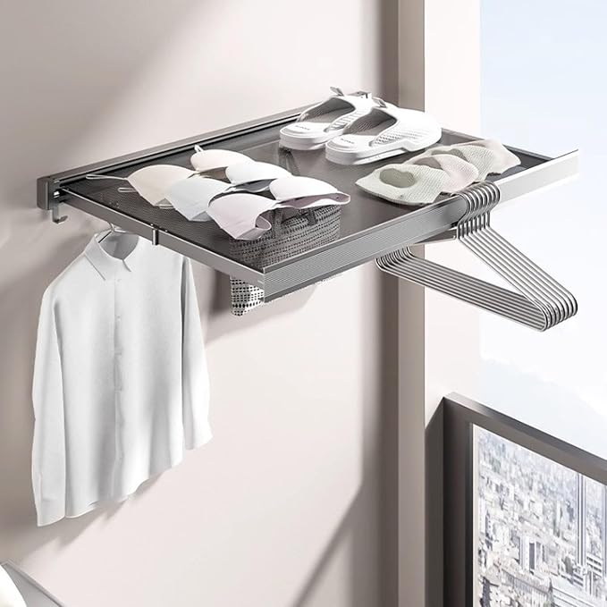 Wall Mounted Laundry Drying Rack, Collapsible Net Template, Space Saving Foldable Clothes Drying Rack with Quick Retractable Design for Patio, Bathroom, Indoor (Grey)