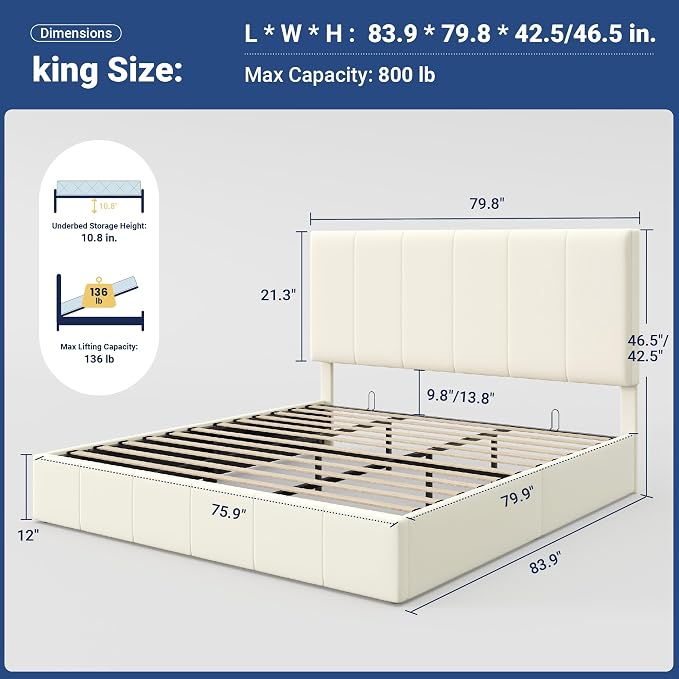 Allewie King Size Velvet Lift Up Hydrualic Storage Bed Frame, Cream | Vertical Channel Tufted Headboard, Hydrualic Underneath Storage, Upholstered Platform Bed, No Box Spring Needed