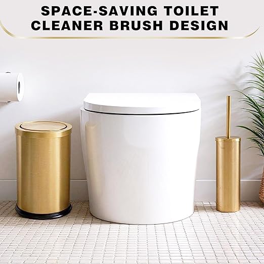 Maxdot 2 Pcs 2.4 Gallon/9 L Gold Bathroom Trash Can with Flip Lid and Toilet Brush Set, Small Luxury Stainless Steel Garbage Trash Can Wastebasket Bin for Home Office Hotel Bathroom Bedroom Kitchen