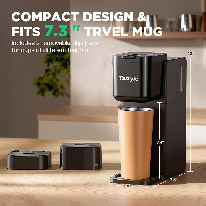 Tastyle Single Serve Coffee Maker Hot and Iced with Bold Brew, Up to 16 Oz | for K Cup and Ground, Fits 7.3'' Travel Mug, 5 Cup Sizes, Compact for Office, RV& Hotel, K320, 3.0 Version, Black