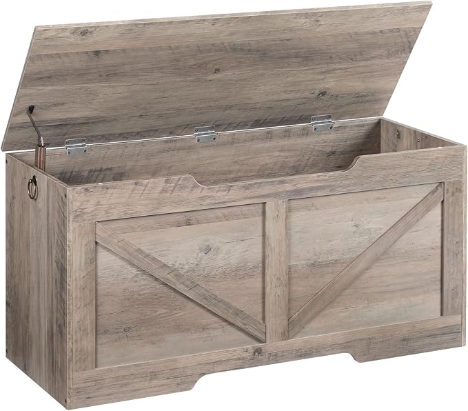 HOOBRO Storage Bench, 39.4” Retro Wooden Storage Chest with U-Shaped Cut-Out Pull, Safety Hinge, Supports 220 lb and Easy Assembly for Toy Box Organizer (Greige) BG771CW01G1